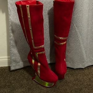 Red suede knee high boots